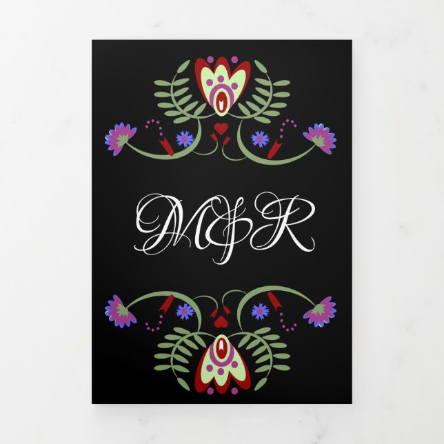 Mexican Wedding Folk Florals Hearts Tri-Fold Holiday Card (Cover)