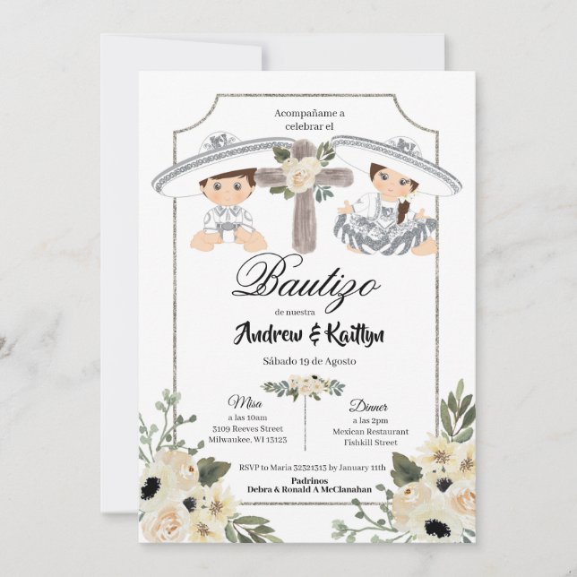 Mexican White Silver Charro Boy Girl Twin Bautizo Invitation (Front)