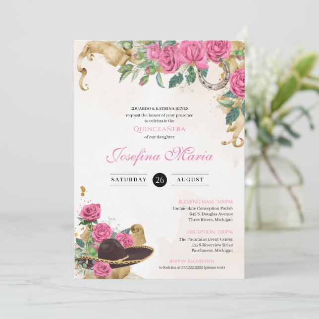 Mexicana Mariachi Charra Pink Rose Quinceanera Invitation (Standing Front)