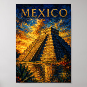 Mexico: Aesthetic Sunset Chichen Itza Art Souvenir Poster