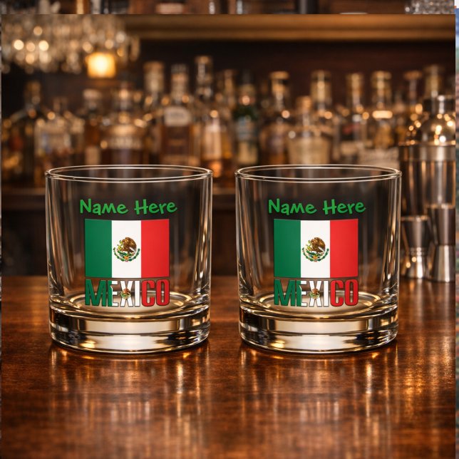 Mexico and Mexican Flag Green Personalization  Whiskey Glass (Personalized whiskey glasses have Mexican Flag and MEXICO in flag colors. Add name above.)
