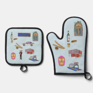 Mexico City watercolor  Oven Mitt & Pot Holder Set