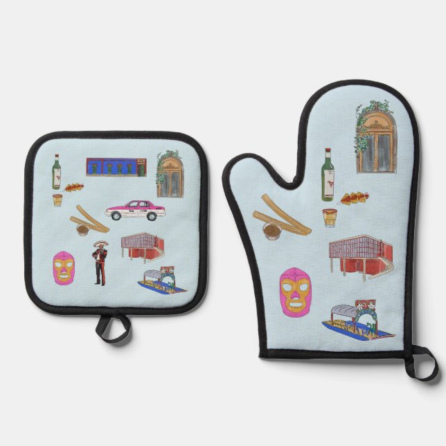 Mexico City watercolor  Oven Mitt & Pot Holder Set (Front)
