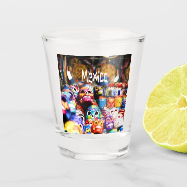 Mexico Colourful Bright skulls Shot Glass (Front)