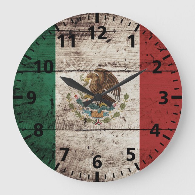 Mexico Flag on Old Wood Grain Large Clock (Front)