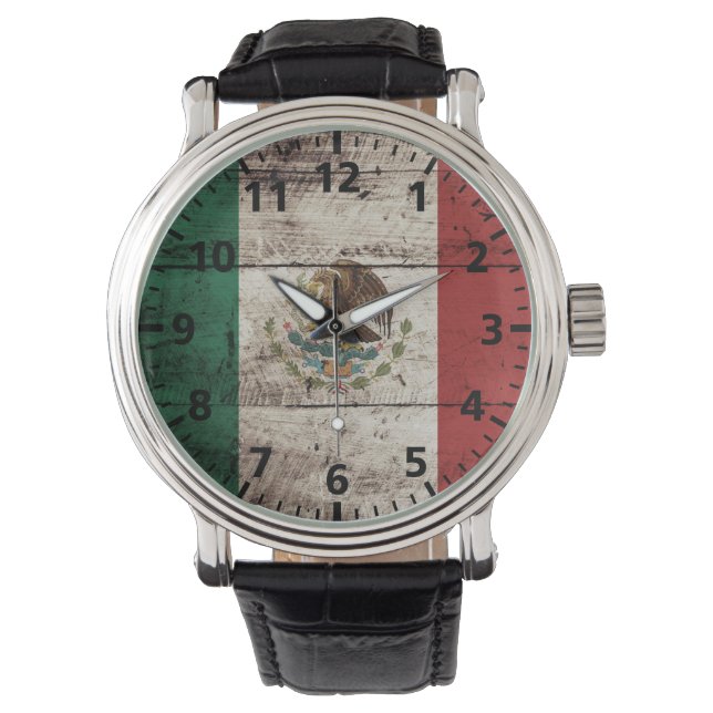 Mexico Flag on Old Wood Grain Watch (Front)