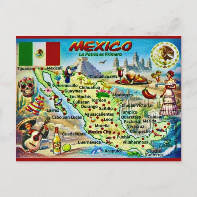  Mexico Illustrated Map Postcard (Front)