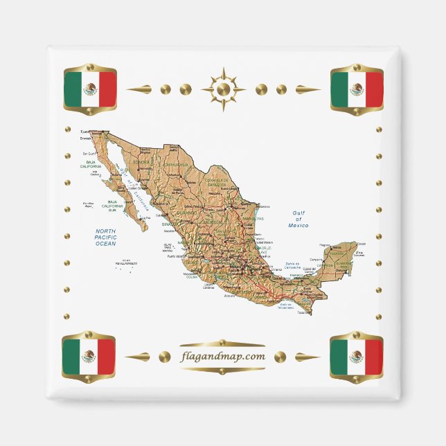 Mexico Map + Flags Magnet (Front)