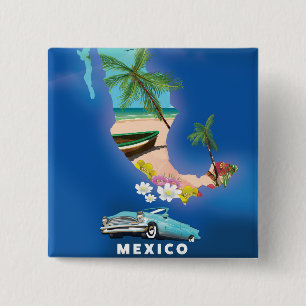 Mexico Map Illustration travel poster. 2 Inch Square Button