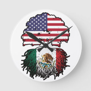 Mexico Mexican American USA Tree Roots Flag Round Clock