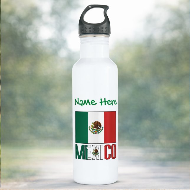 Mexico Mexican Flag Green Personalization  710 Ml Water Bottle (Personalized water bottle has Mexican Flag and MEXICO. Add a name in green text above the flag.)