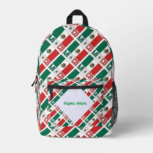 Mexico Mexican Flag Tiled Green Personalization Printed Backpack (Front)