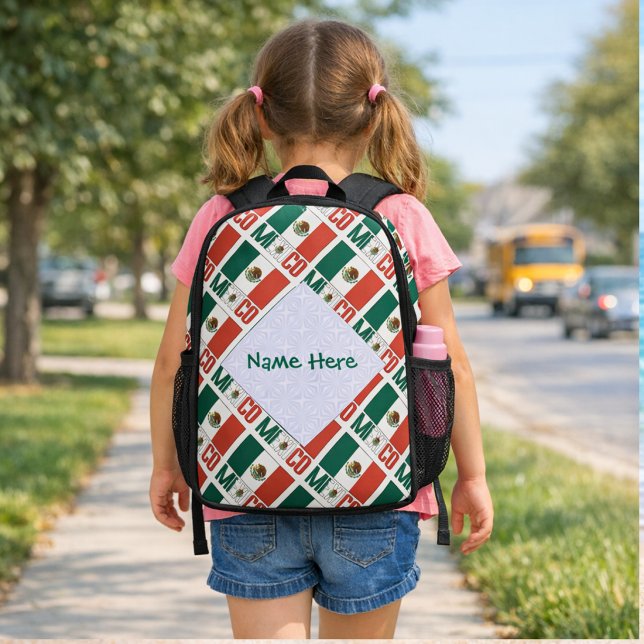 Mexico Mexican Flag Tiled Green Personalization Printed Backpack (Personalized backpack has tiled Mexican Flag and MEXICO. Ad name inside white fractal.)