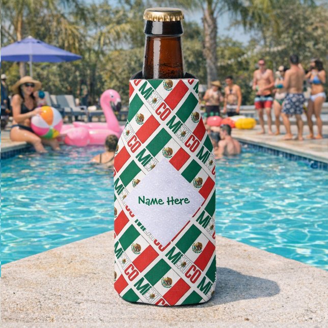 Mexico Mexican Flag Tiled Green Personalized Bottle Cooler (Personalized bottle cozie with tiled Mexican Flag and MEXICO. Add a name inside the white fractal.)