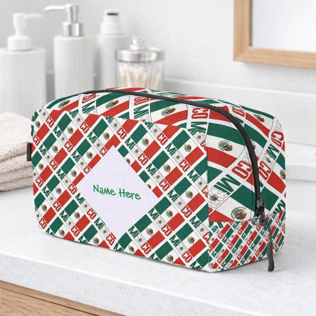 Mexico Mexican Flag Tiled Personalized Green Name Dopp Kit (Personalized dopp kit has tiled Mexican Flag and MEXICO. White fractal for name in green text.)