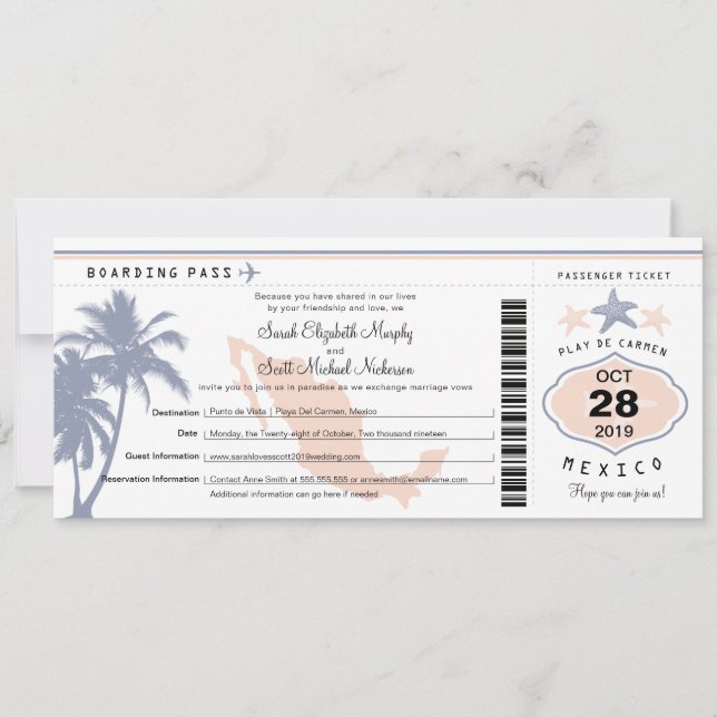 Mexico Palm Tree Starfish Boarding Pass Wedding In Invitation (Front)