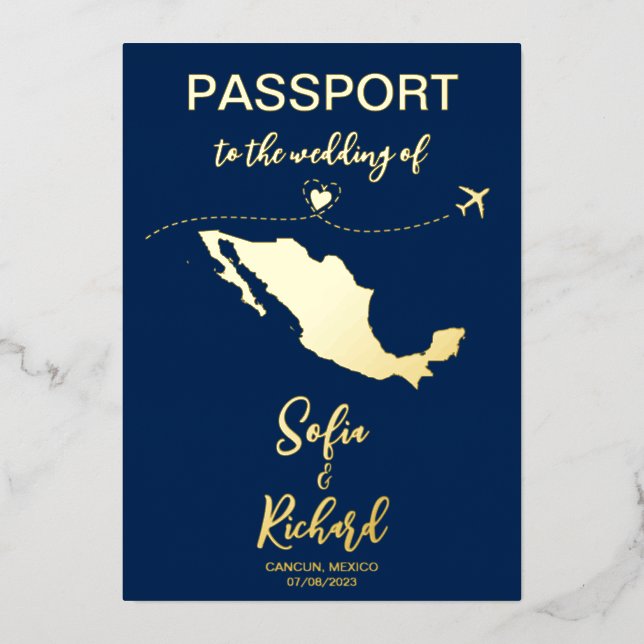 Mexico Passport Wedding Destination Gold  (Front)