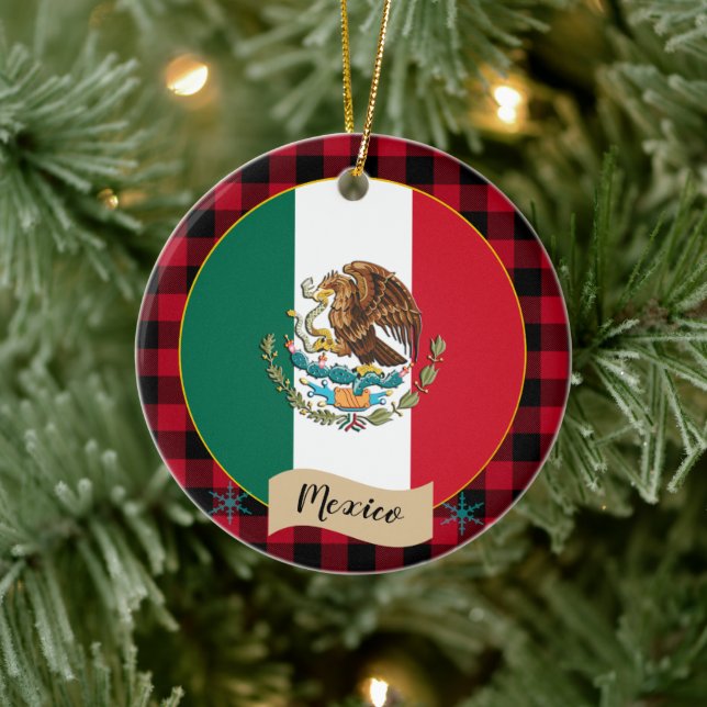 Mexico, Red buffalo plaid & Mexican Flag Ceramic Ornament (Tree)