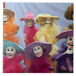 Mexico. Skeletal Catrinas, figures celebrating Tile