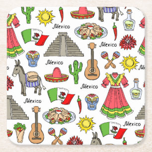 Mexico   Symbols Pattern Square Paper Coaster