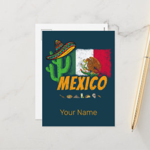 Mexico Vintage Cactus With Flag Sombrero Souvenir Holiday Postcard
