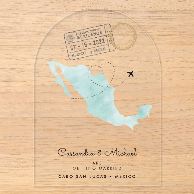 Mexico Watercolor Map | Cabo | Destination Wedding Acrylic Invitations (Front)