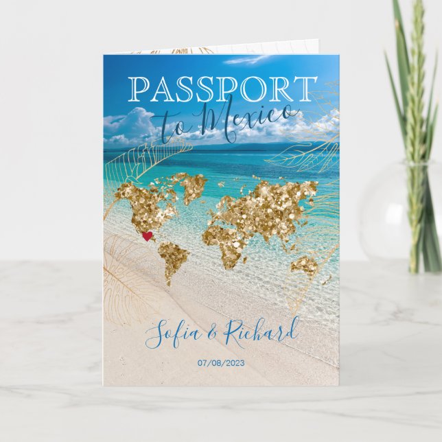 Mexico Wedding Destination Passport  Map QR code Invitation (Front)