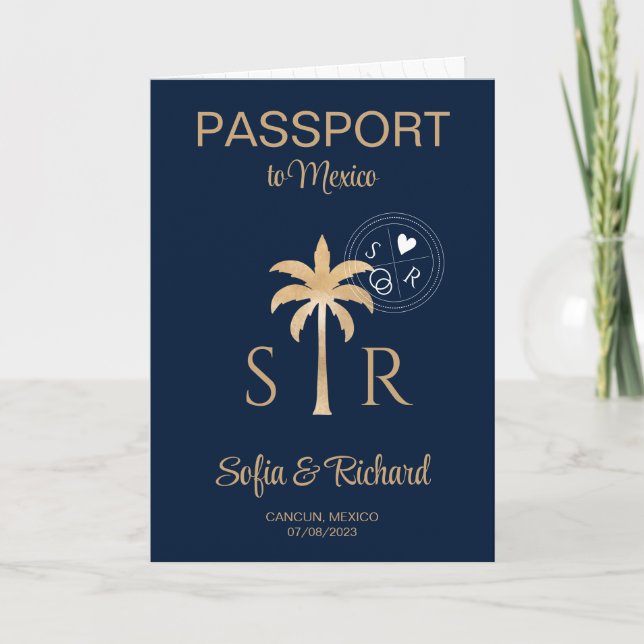 Mexico Wedding Destination Passport Palm Monogram  Invitation (Front)