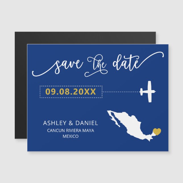 Mexico Wedding Save the Date Card, Map Magnetic Invitation (Front/Back)