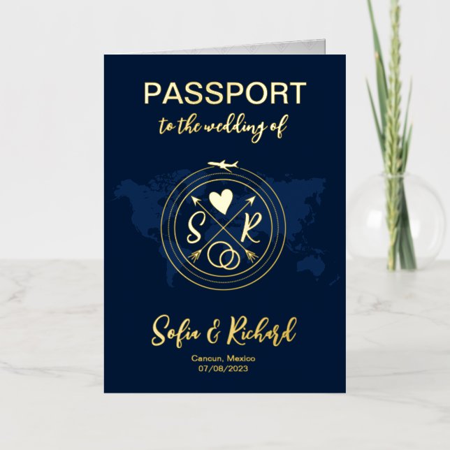 Mexico Wedding World Map Passport Monogram QR Code Foil Greeting Card (Front)