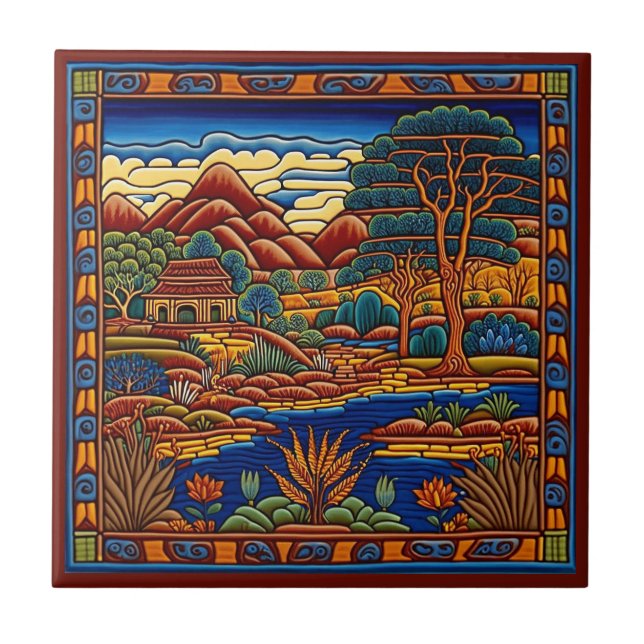 Mexique Huichol style paysage carreaux céramique 7 (Devant)