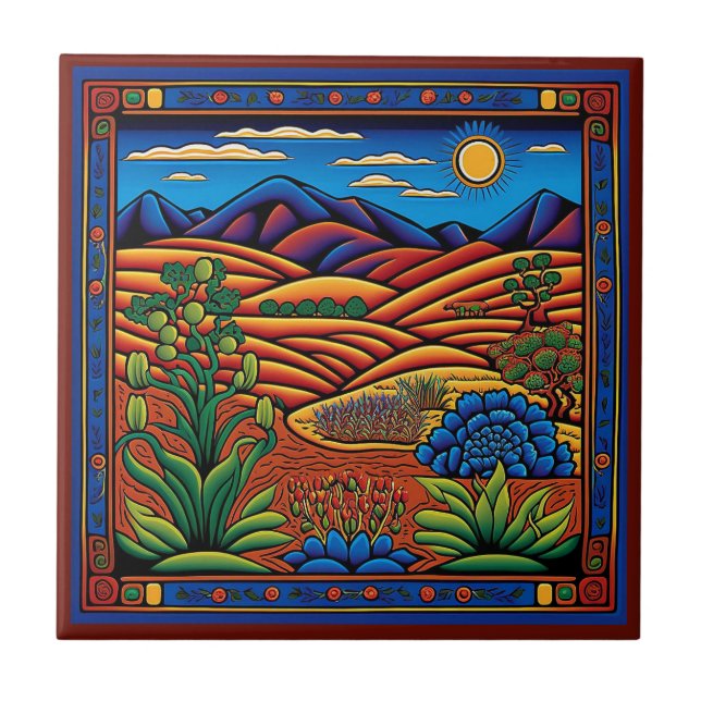 Mexique Huichol style paysage carreaux céramique 8 (Devant)
