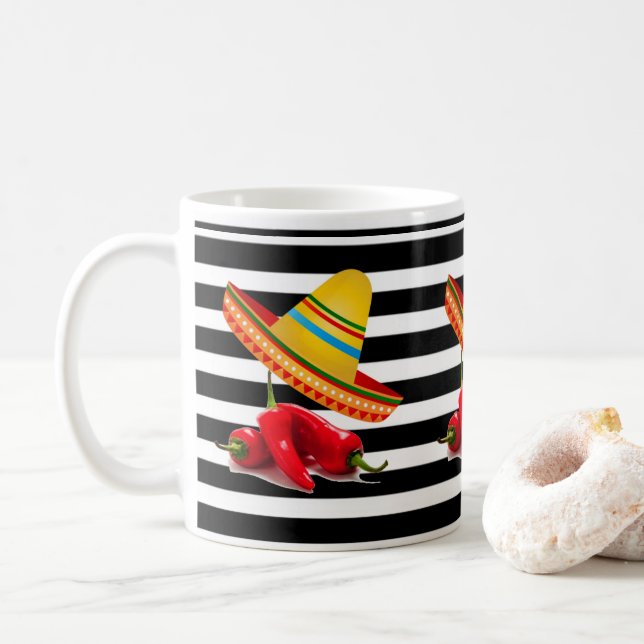 Mexique Sombrero Noir Blanc Stripe Mug (Avec donut)
