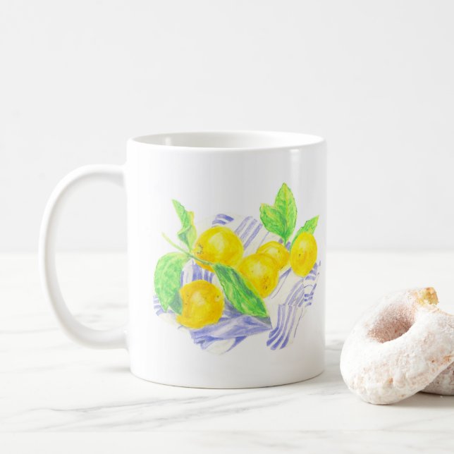 Meyer lemons on kitchen towel coffee mug (With Donut)