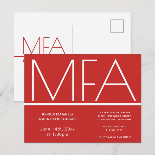 MFA degree Red Graduation Party Invitation (Front/Back)