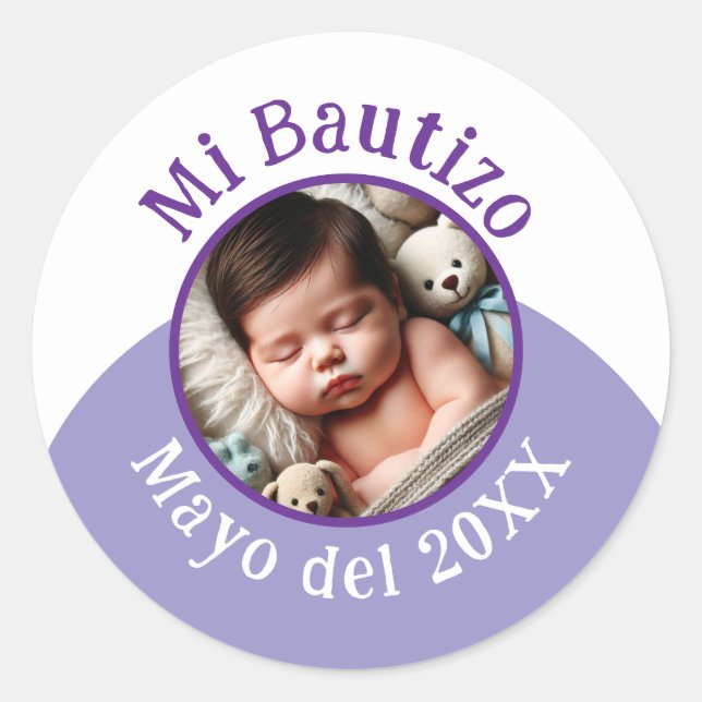 Mi Bautizo con Foto y Fecha Classic Round Sticker (Front)