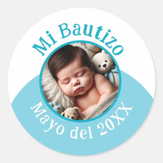 Mi Bautizo con Foto y Fecha Classic Round Sticker (Front)
