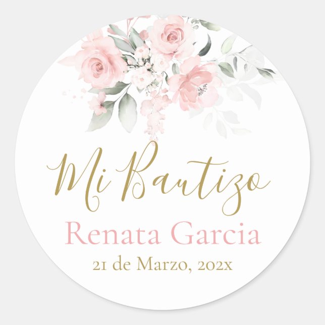 Mi Bautizo flores rosas Classic Round Sticker (Front)