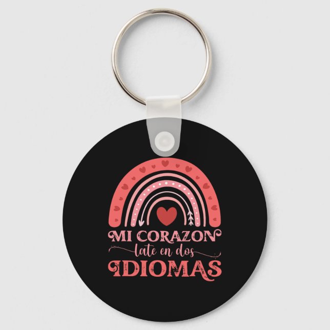 Mi Corazon Late En Dos Idiomas Bilingual Valentine Keychain (Front)