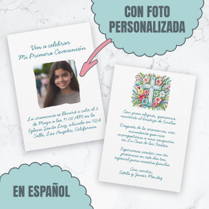 Mi Primera Comunión con foto Cruz y Flores Invitation