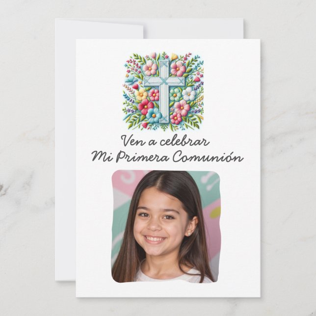 Mi Primera Comunión Cruz & Flores con foto  Invitation (Front)