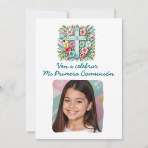 Mi Primera Comunión Cruz & Flores con foto  Invitation
