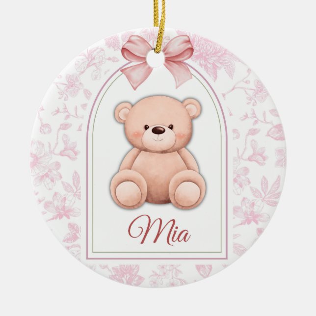 Mia | Custom Pink Teddy Bear Nursery Design  Ceramic Ornament (Front)