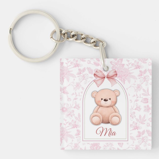 Mia | Custom Pink Teddy Bear Nursery Design  Keychain (Front)