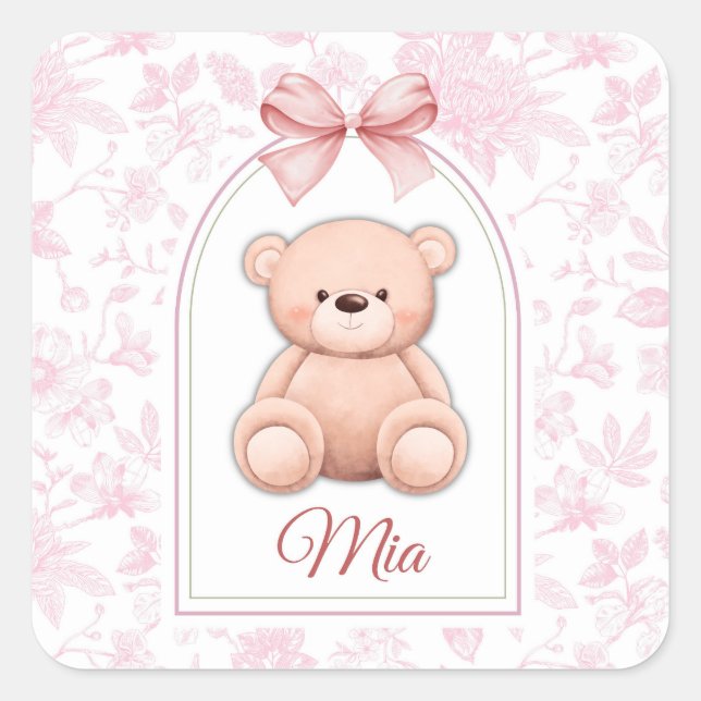 Mia | Custom Pink Teddy Bear Nursery Design  Square Sticker (Front)