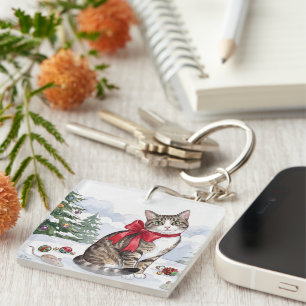Mia the Festive Cat with Holiday Decor Keychain
