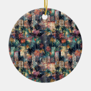 Miami at Christmas & New Year's in Watercolors Ceramic Ornament