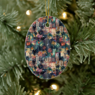 Miami at New Year's in Watercolors Ceramic Ornament