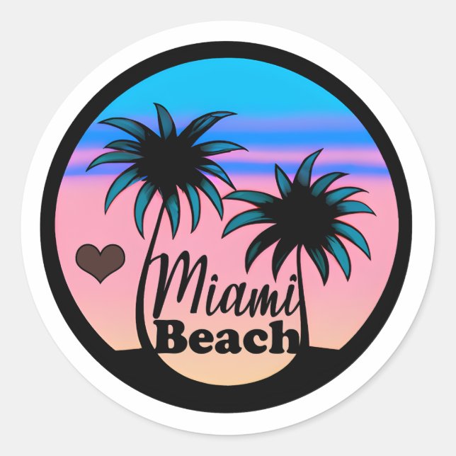 Miami Beach Blue and Pink Palm Trees Classic Round Sticker (Front)