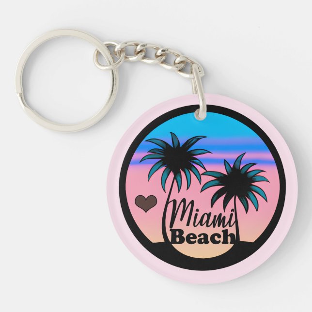 Miami Beach Blue and Pink Palm Trees Keychain (Front)